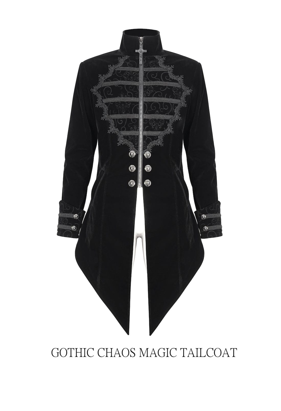 GOTHIC CHAOS MAGIC TAILCOAT IN BLACK VELVET WITH STRONG TAILORING AND ORNATE BRAID AND BUTTON DETAILS FROM DEVIL FASHION AT GALLERY SERPENTINE