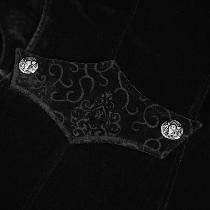 DETAIL SHOT OF THE BACK FEATURING BLACK FLOCKED VELVET AND DECORATIVE SECRET SOCIETY BUTTONS ON THE GOTHIC CHAOS MAGIC TAILCOAT IN BLACK VELVET WITH STRONG TAILORING AND ORNATE BRAID AND BUTTON DETAILS FROM DEVIL FASHION AT GALLERY SERPENTINE