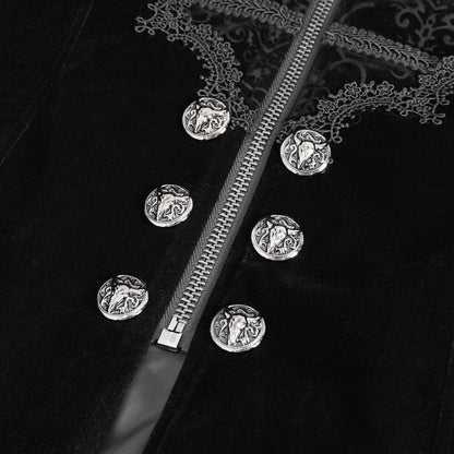 CLOSE UP IMAGE OF THE FRONT ZIP, ORNATE BUTTONS AND LACE OF THE GOTHIC CHAOS MAGIC TAILCOAT IN BLACK VELVET WITH STRONG TAILORING AND ORNATE BRAID AND BUTTON DETAILS FROM DEVIL FASHION AT GALLERY SERPENTINE