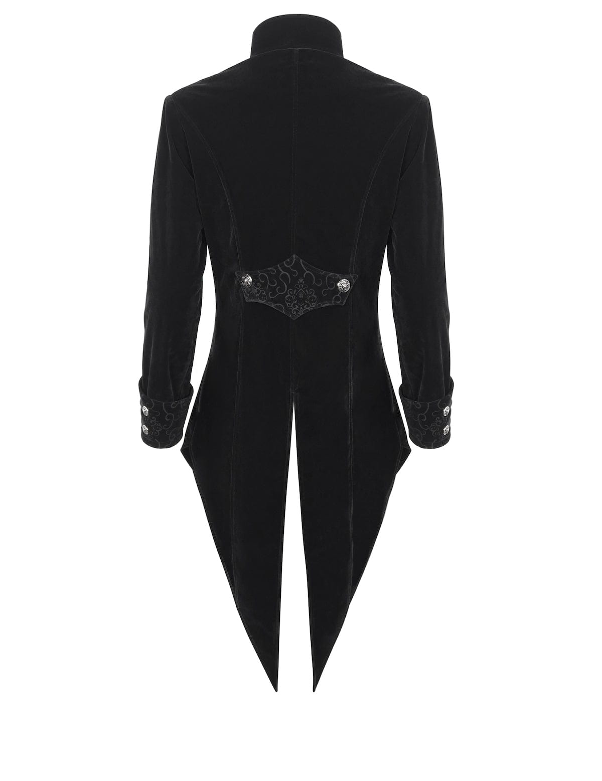 BACK OF THE GOTHIC CHAOS MAGIC TAILCOAT IN BLACK VELVET WITH STRONG TAILORING AND ORNATE BRAID AND BUTTON DETAILS FROM DEVIL FASHION AT GALLERY SERPENTINE