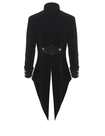 BACK OF THE GOTHIC CHAOS MAGIC TAILCOAT IN BLACK VELVET WITH STRONG TAILORING AND ORNATE BRAID AND BUTTON DETAILS FROM DEVIL FASHION AT GALLERY SERPENTINE