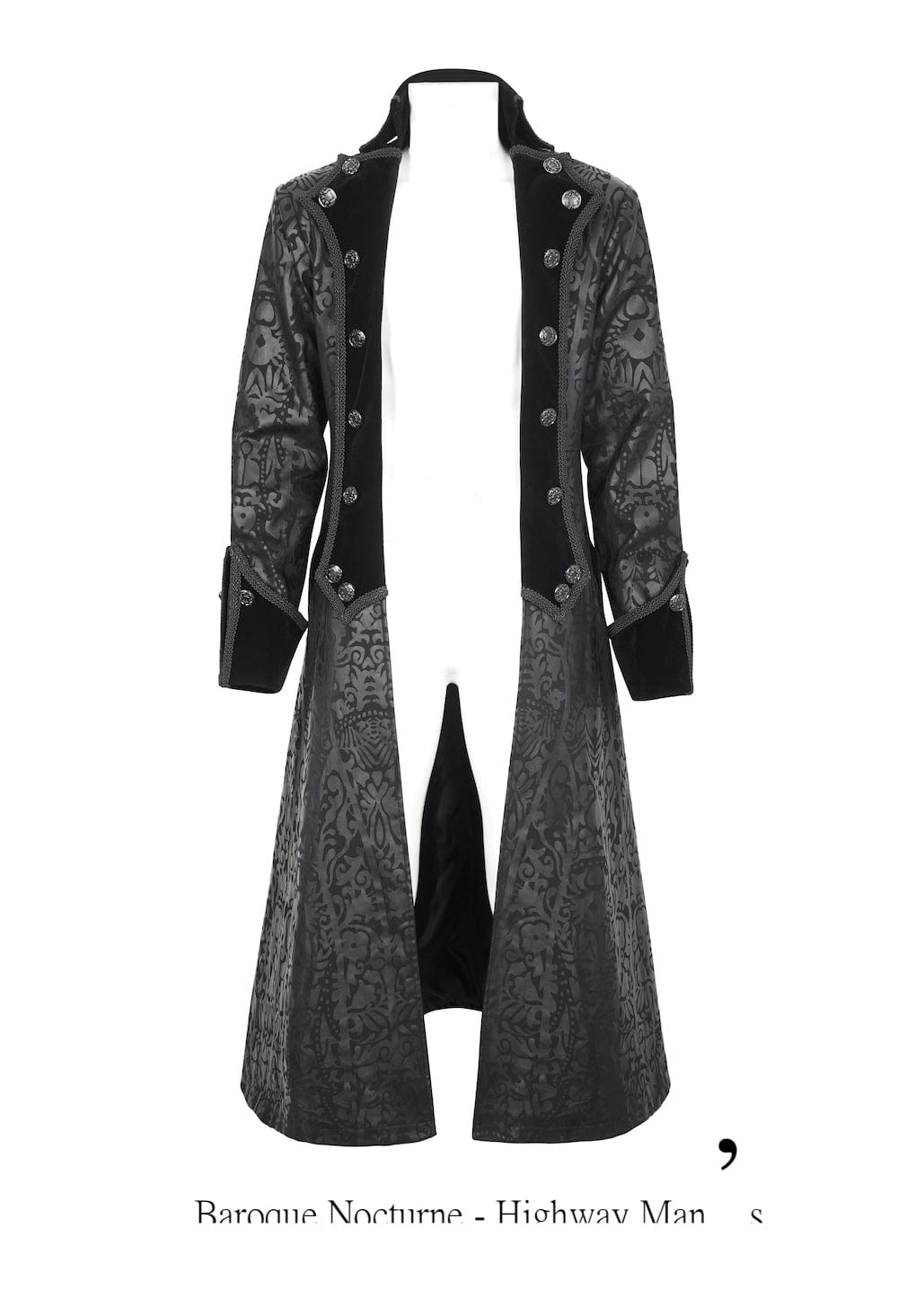 Baroque Nocturne The Highway Man's Coat mixes cyber vinyl and dark cotton twill with velvet and baroque patterning to create an adventurer's coat.  A Devil Fashion design for scoundrels and gentlemen