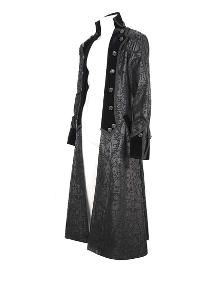 side front view of the Baroque Nocturne The Highway Man's Coat mixes cyber vinyl and dark cotton twill with velvet and baroque patterning to create an adventurer's coat. A Devil Fashion design for scoundrels and gentlemen