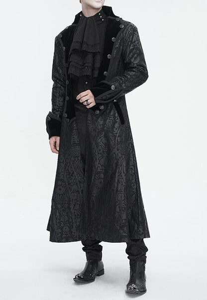 baroque italian festival attendee wearing the Baroque Nocturne The Highway Man's Coat mixes cyber vinyl and dark cotton twill with velvet and baroque patterning to create an adventurer's coat. A Devil Fashion design for scoundrels and gentlemen