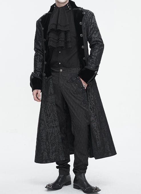 gothic groom dressed for his gothic pirate wedding in the Baroque Nocturne The Highway Man's Coat mixes cyber vinyl and dark cotton twill with velvet and baroque patterning to create an adventurer's coat. A Devil Fashion design for scoundrels and gentlemen