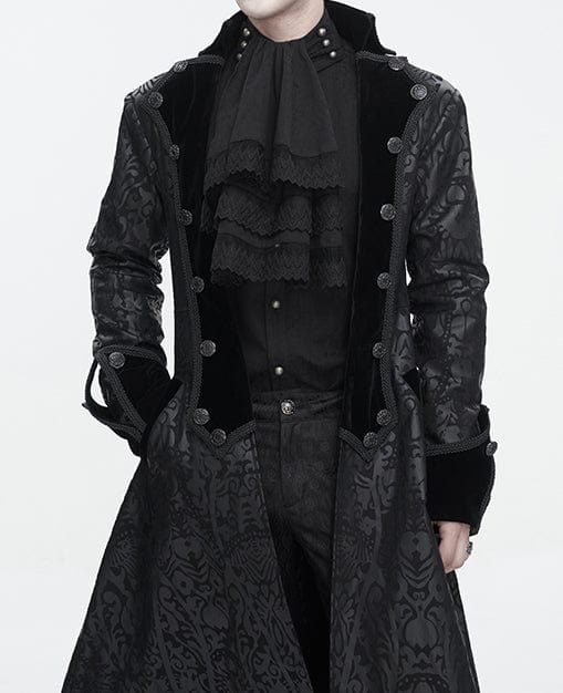 close up on the cravat shirt worn by the gothic groom under the Baroque Nocturne The Highway Man's Coat mixes cyber vinyl and dark cotton twill with velvet and baroque patterning to create an adventurer's coat. A Devil Fashion design for scoundrels and gentlemen