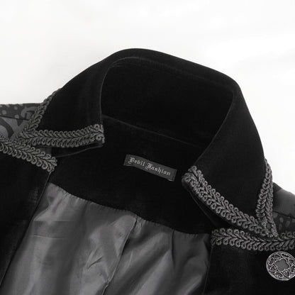close up on the high quality collar stand of the Baroque Nocturne The Highway Man's Coat mixes cyber vinyl and dark cotton twill with velvet and baroque patterning to create an adventurer's coat. A Devil Fashion design for scoundrels and gentlemen