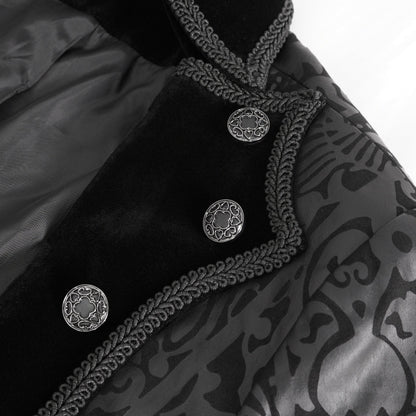 close up on the ornate buttons, velvet and braid trim of the Baroque Nocturne The Highway Man's Coat mixes cyber vinyl and dark cotton twill with velvet and baroque patterning to create an adventurer's coat. A Devil Fashion design for scoundrels and gentlemen