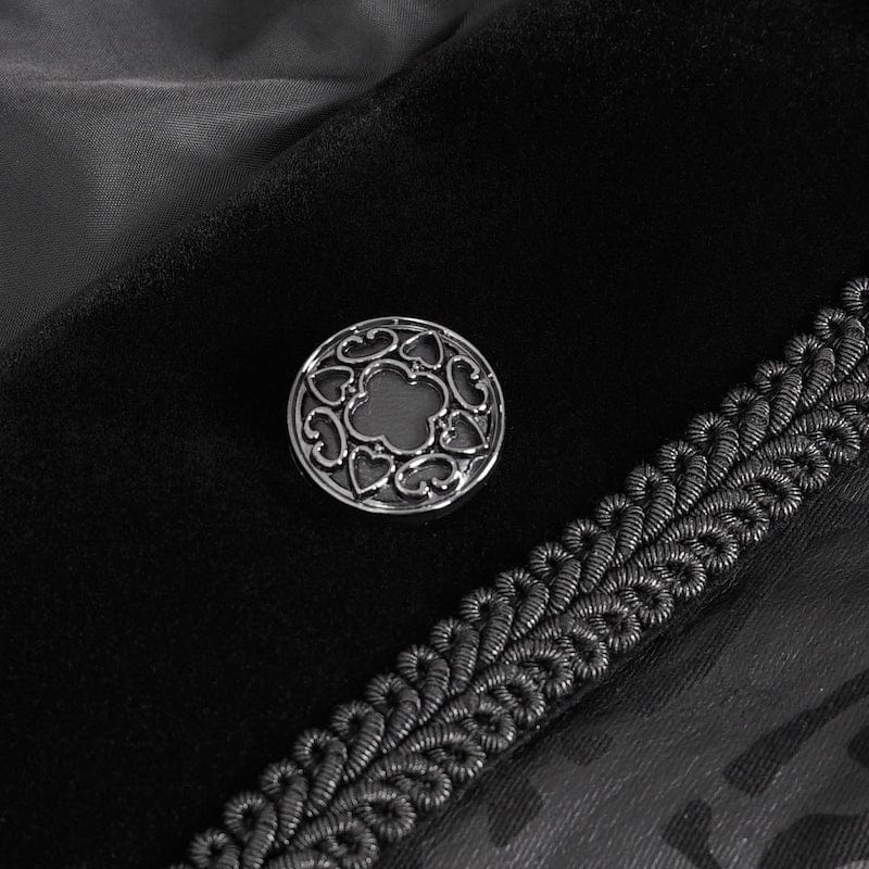 close up image of the signature Devil Fashion ornate button and braid of the Baroque Nocturne The Highway Man's Coat mixes cyber vinyl and dark cotton twill with velvet and baroque patterning to create an adventurer's coat. A Devil Fashion design for scoundrels and gentlemen