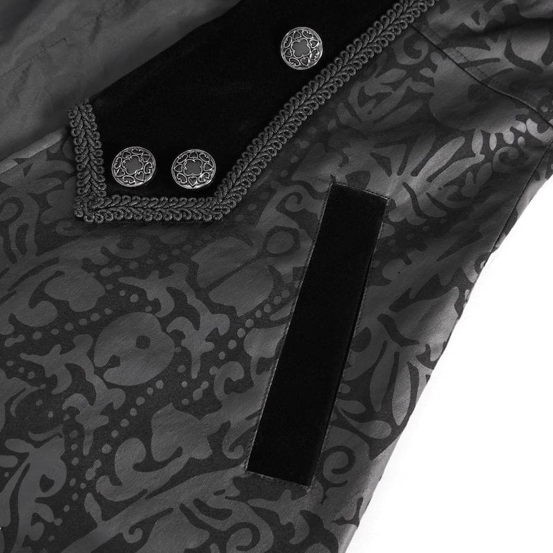 close up detail on the side pocket  of the Baroque Nocturne The Highway Man's Coat mixes cyber vinyl and dark cotton twill with velvet and baroque patterning to create an adventurer's coat. A Devil Fashion design for scoundrels and gentlemen