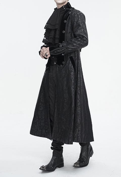 gothic groom wearing the Baroque Nocturne The Highway Man's Coat mixes cyber vinyl and dark cotton twill with velvet and baroque patterning to create an adventurer's coat. A Devil Fashion design for scoundrels and gentlemen