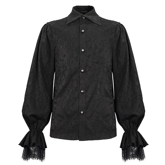 archetypal goth clubbing shirt in black embossed paisley with lace at cuffs and rows of black braid across the shoulders, features ornate domed buttons