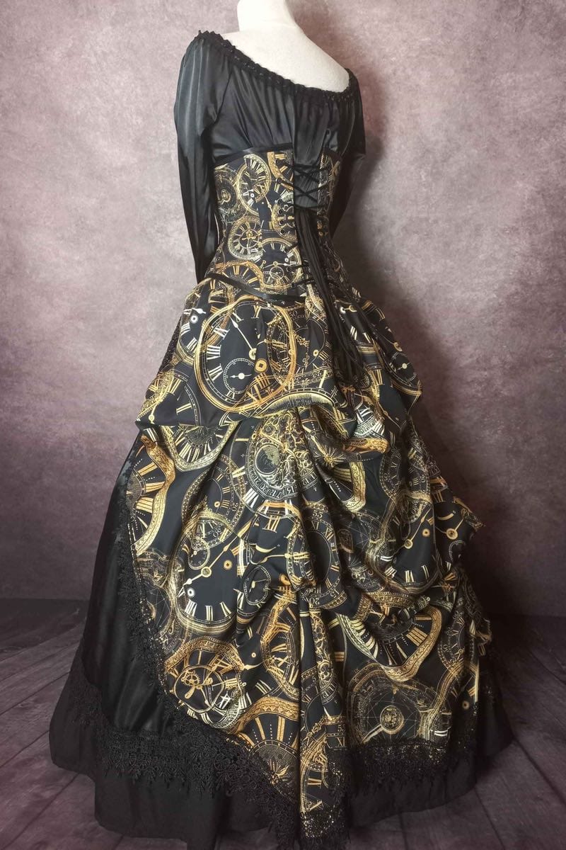 elegant steampunk victorian bustle skirt and corset set from Gallery Serpentine featuring custom made clock fabric showing the silhouette when worn with the boned petticoat underneath