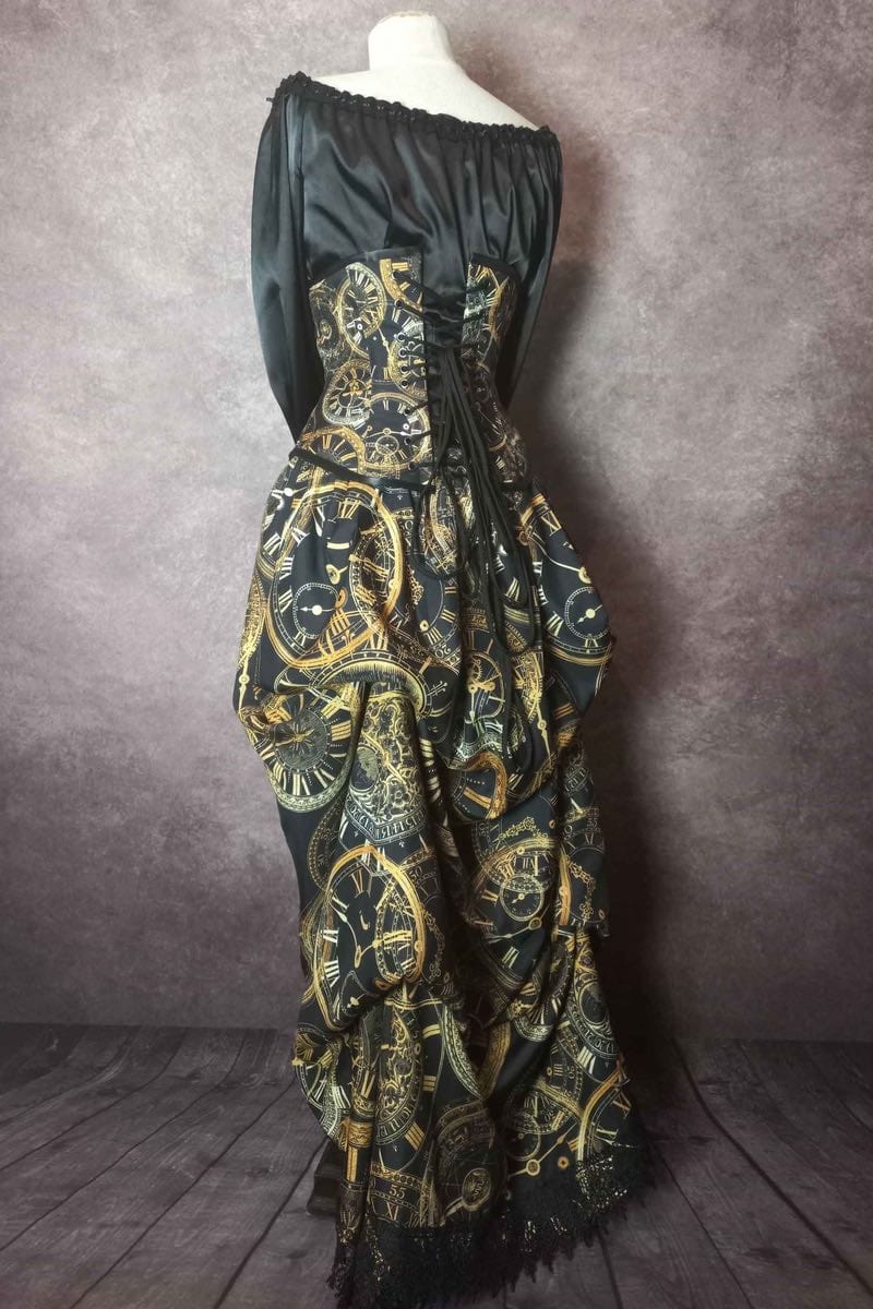 back view of the elegant steampunk victorian bustle skirt and corset set from Gallery Serpentine featuring custom made clock fabric