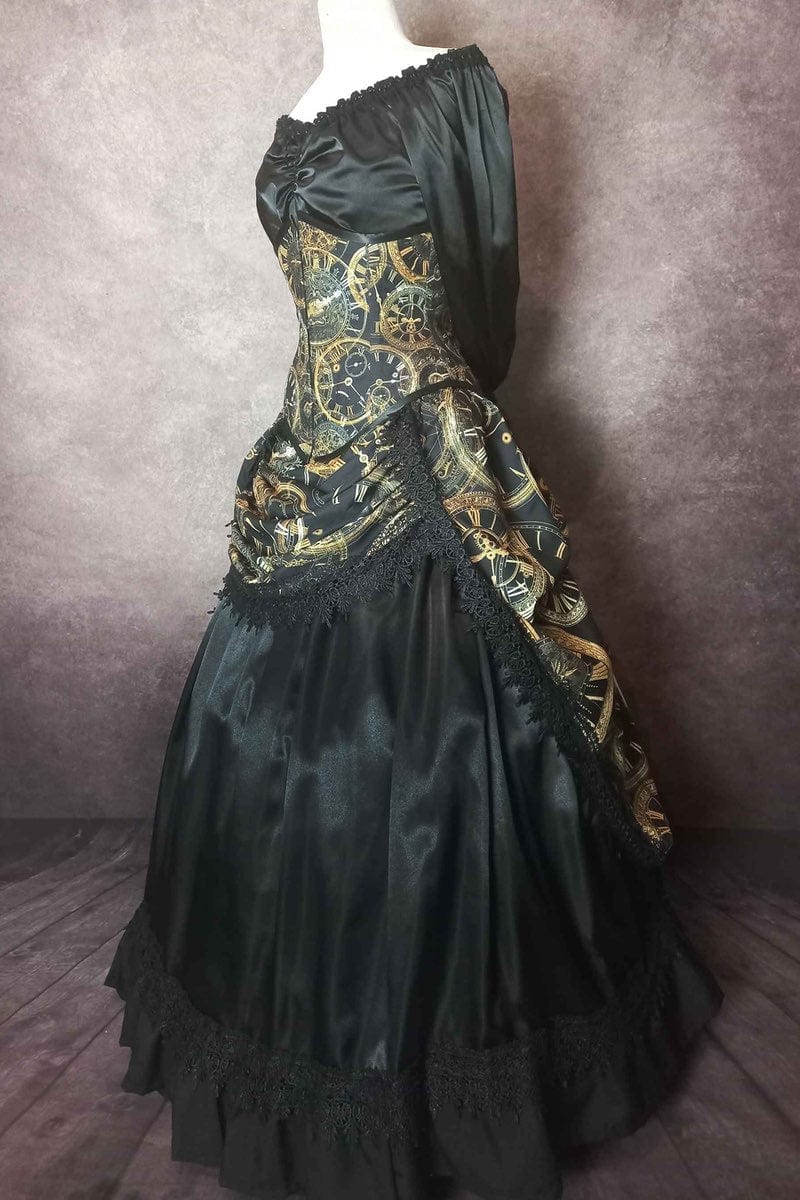 elegant steampunk victorian bustle skirt and corset set from Gallery Serpentine featuring custom made clock fabric, showing the side view wearing the full gown, gold, cream, black colours
