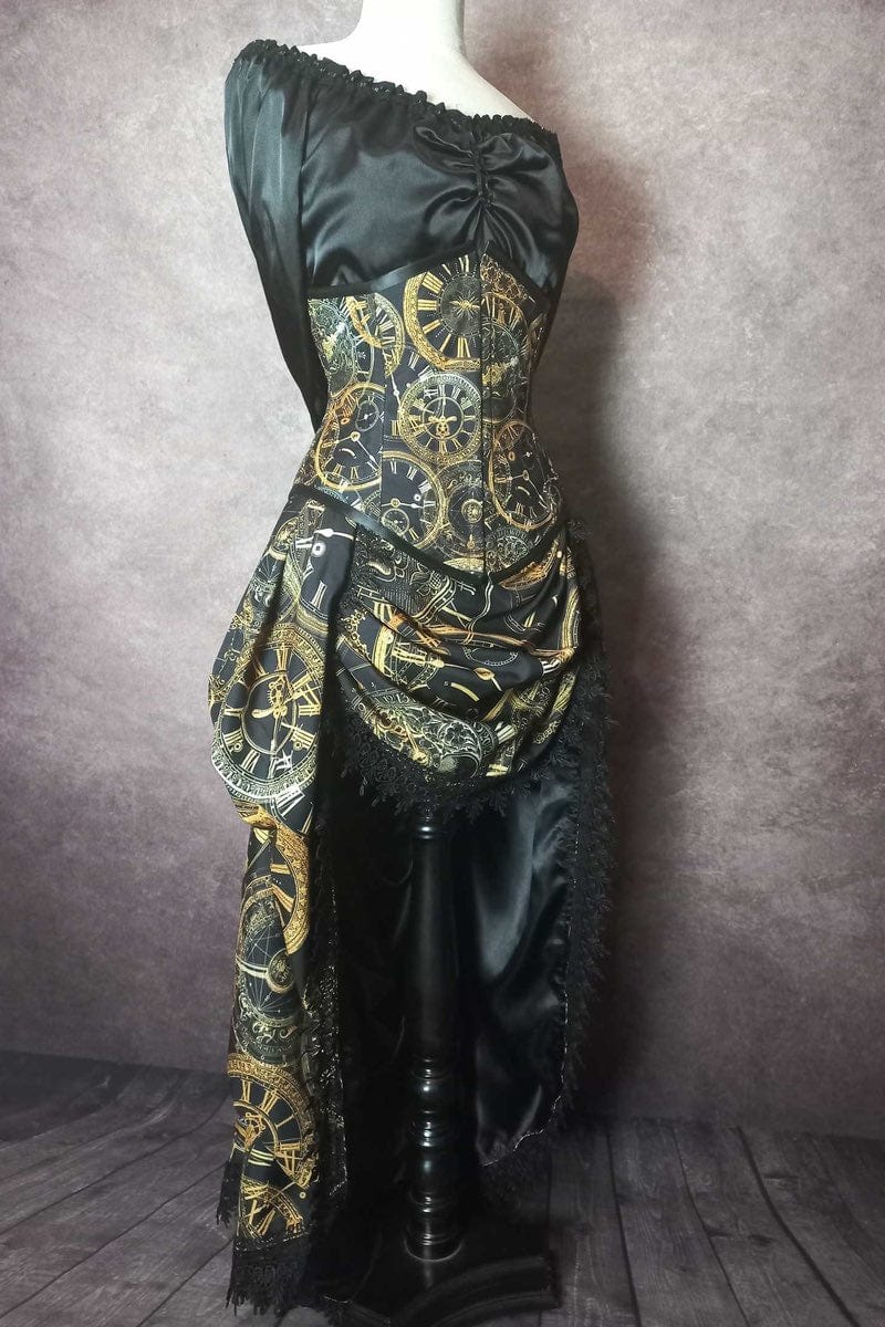 elegant steampunk victorian bustle skirt and corset set from Gallery Serpentine featuring custom made clock fabric