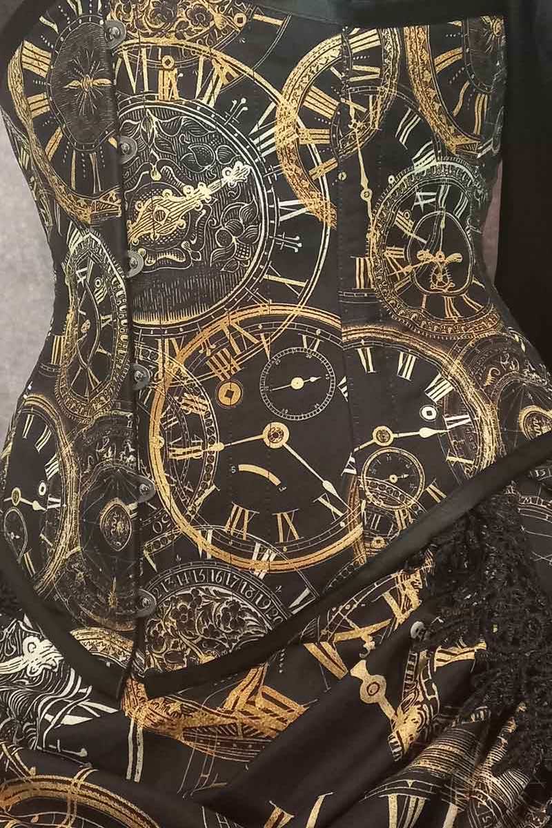 close up on the Duchess of Time Travel custom made fabric in the steel boned Australian made corset from Gallery Serpentine