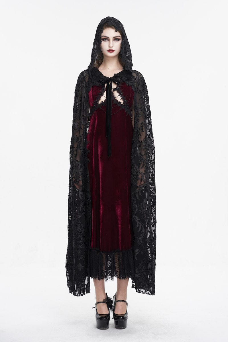 front view of the black velvet flocked mesh full length witch elegant gothic hooded cloak at Gallery Serpentine