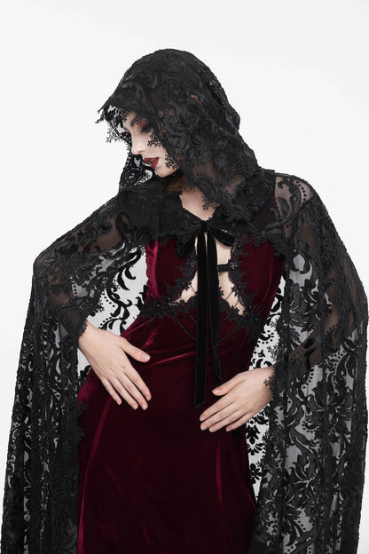gothic model showcasing the black velvet flocked mesh full length witch elegant gothic hooded cloak at Gallery Serpentine