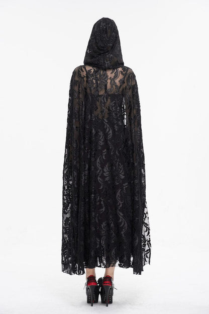 black velvet flocked mesh full length witch elegant gothic hooded cloak at Gallery Serpentine, back view