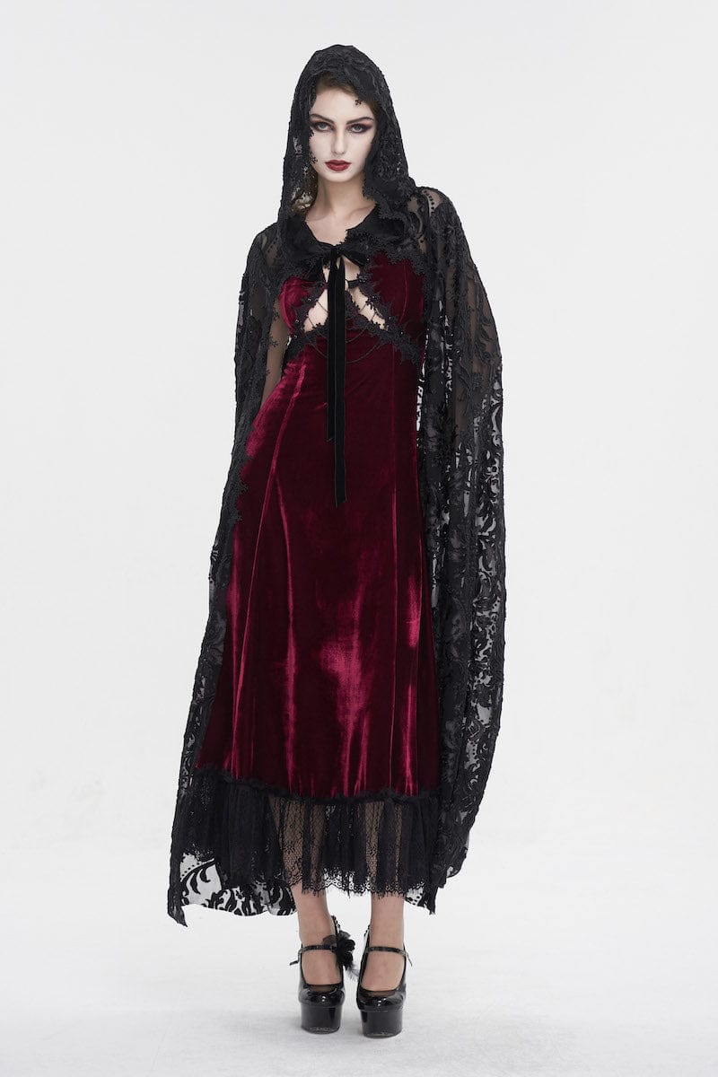 romantic gothic woman wearing the black velvet flocked mesh full length witch elegant gothic hooded cloak at Gallery Serpentine