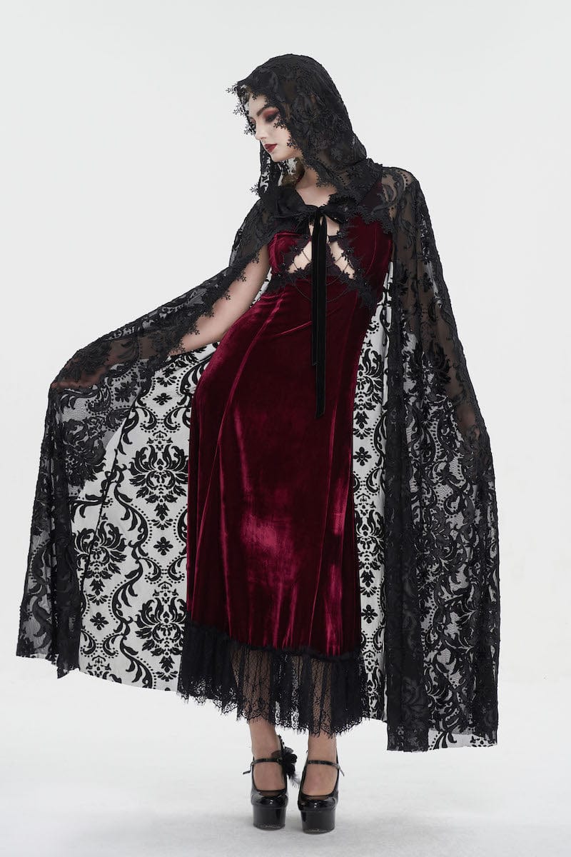 gothic woman in a red dress dancing in the black velvet flocked mesh full length witch elegant gothic hooded cloak at Gallery Serpentine