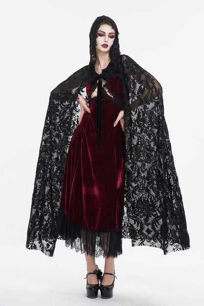 gothic woman in a red dress wearing the black velvet flocked mesh full length witch elegant gothic hooded cloak at Gallery Serpentine