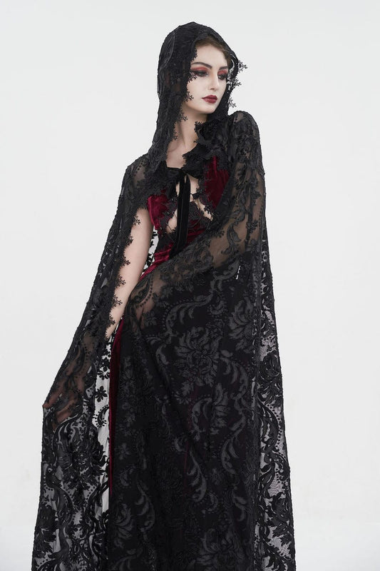 gothic goddess wearing the black velvet flocked mesh full length witch elegant gothic hooded cloak at Gallery Serpentine