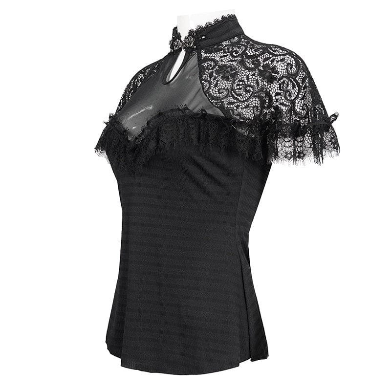 close up side front view of the Gothic Elegance women's top made from textured lace, mesh, eyelash lace trim and soft polyester spandex. Features a jewelled silver clasp at the neck