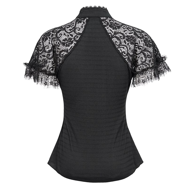 back view showing the exquisite lace at the back of the shoulders on the Gothic Elegance women's top made from textured lace, mesh, eyelash lace trim and soft polyester spandex. Features a jewelled silver clasp at the neck