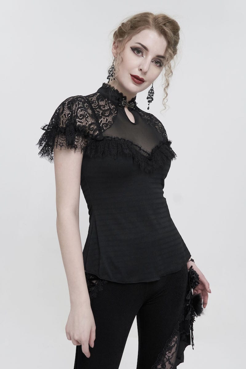 Gothic Elegance women's top made from textured lace, mesh, eyelash lace trim and soft polyester spandex.  jewelled silver clasp at the neck