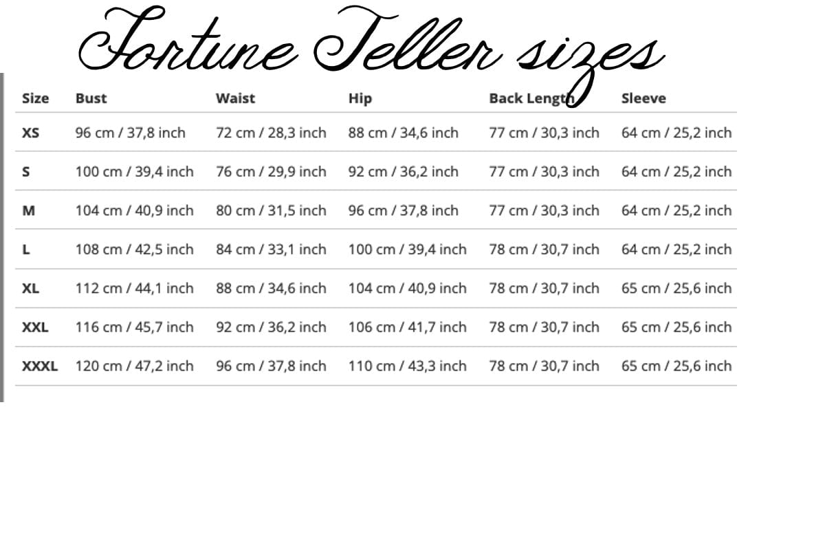size chart of the Fortune Teller hoodie