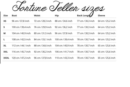 size chart of the Fortune Teller hoodie