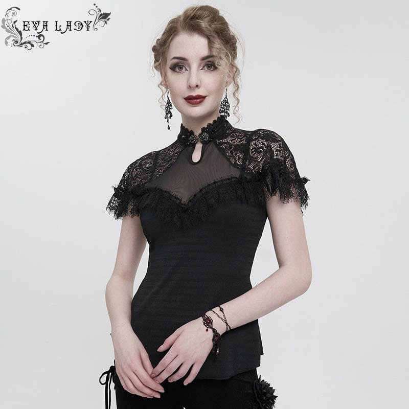 blonde gothic victorian woman wearing the Gothic Elegance women's top made from textured lace, mesh, eyelash lace trim and soft polyester spandex.  Features a jewelled silver clasp at the neck