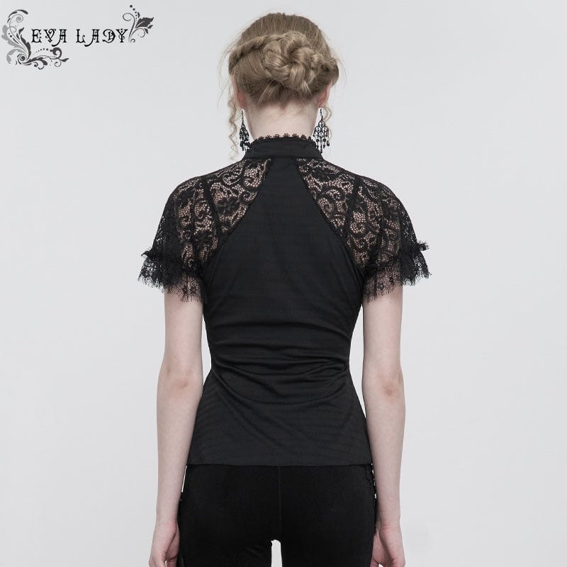 back view of the Gothic Elegance women's top made from textured lace, mesh, eyelash lace trim and soft polyester spandex. Features a jewelled silver clasp at the neck