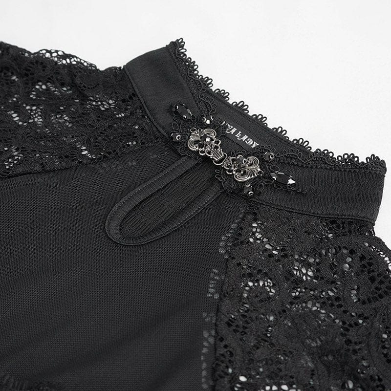 close up on the jewelled silver pewter look neck clasp on the Gothic Elegance women's top made from textured lace, mesh, eyelash lace trim and soft polyester spandex. Features a jewelled silver clasp at the neck