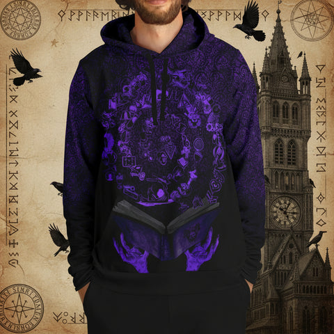 Blood on the Clocktower official Grim Reader hoodie in purple and black worn by a player, set against a Clocktower and raven background with sigils