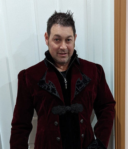 Gallery Serpentine customer looking dapper in the dark red gothic victorian tailcoat for a Halloween party