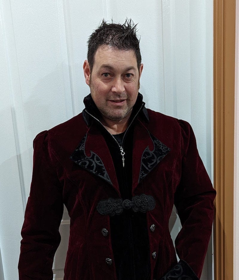 Gallery Serpentine customer looking dapper in the dark red gothic victorian tailcoat for a Halloween party