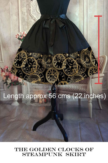 Golden Clocks of Steampunk skirt showing the length of the skirt as a text overlay, 56cm