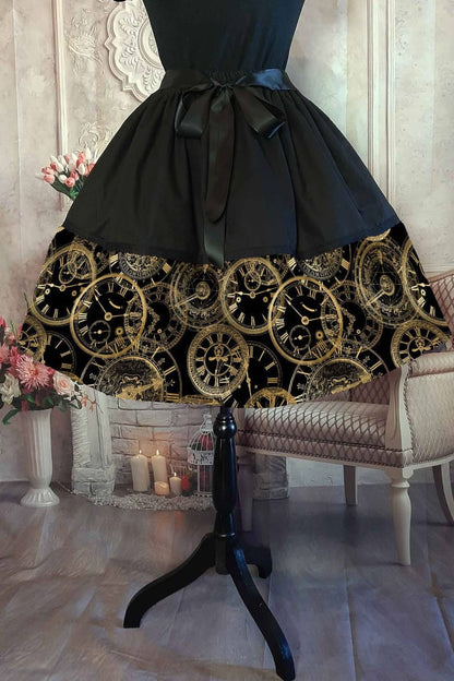timeless elegance of golden clockfaces printed on a black mid length, 1950s full skirt silhouette, size adjustable and made in Australia
