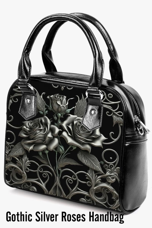 gothic silver filigree and roses printed handbag