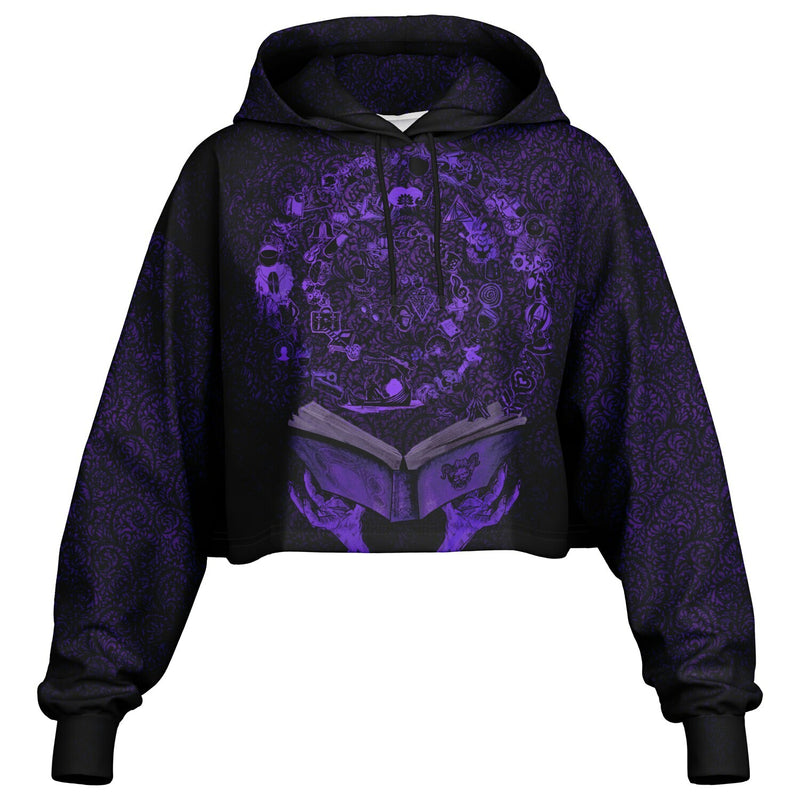 cropped short hoodie for Blood on the Clocktower fans featuring the purple and black Grimoire and character tokens