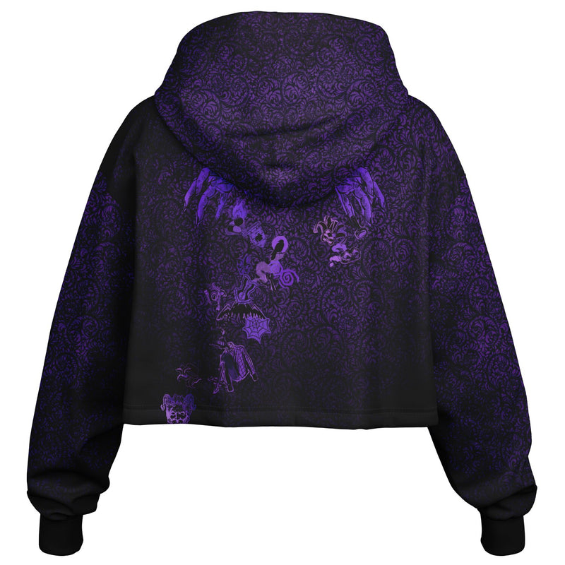 back view of cropped short hoodie for Blood on the Clocktower fans featuring the purple and black Grimoire and character tokens