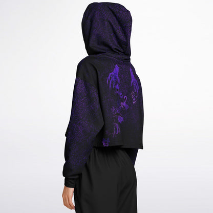 side back view of the cropped short hoodie for Blood on the Clocktower fans featuring the purple and black Grimoire and character tokens