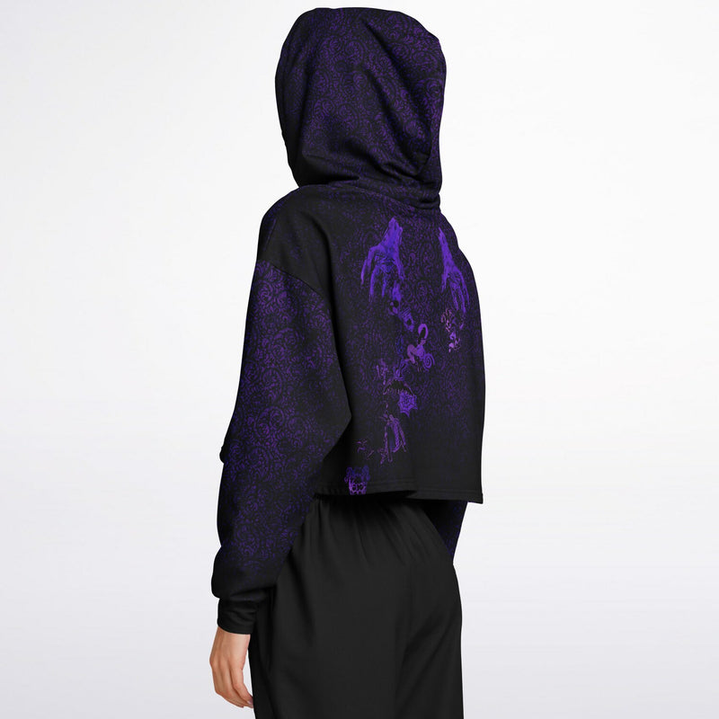 side back view of the cropped short hoodie for Blood on the Clocktower fans featuring the purple and black Grimoire and character tokens