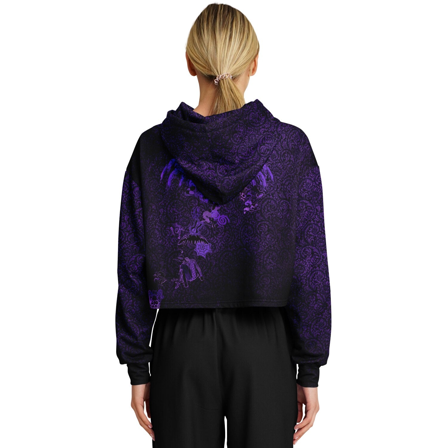 back view on gamer cropped short hoodie for Blood on the Clocktower fans featuring the purple and black Grimoire and character tokens