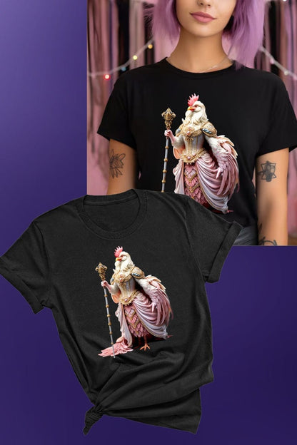 mockup views of the Her Majesty Queen Cluck period costume t-shirt