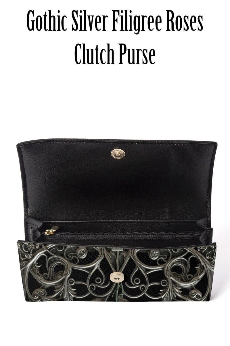 close up on the open gothic silver and black oranate filigree printed roses clutch purse