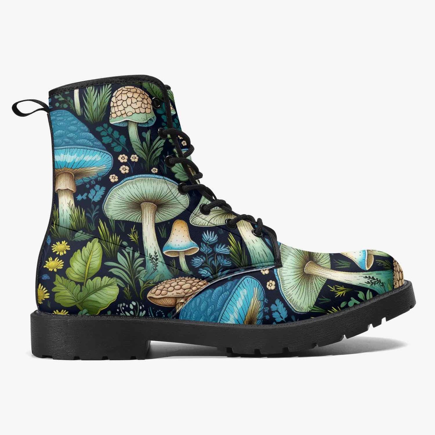 side view of the Mushroomcore toadstool forest boots in blues and greens